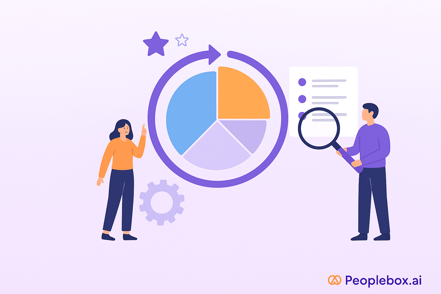 Flat illustration of two people analyzing a colorful pie chart with the Peoplebox.ai logo on a lavender background.