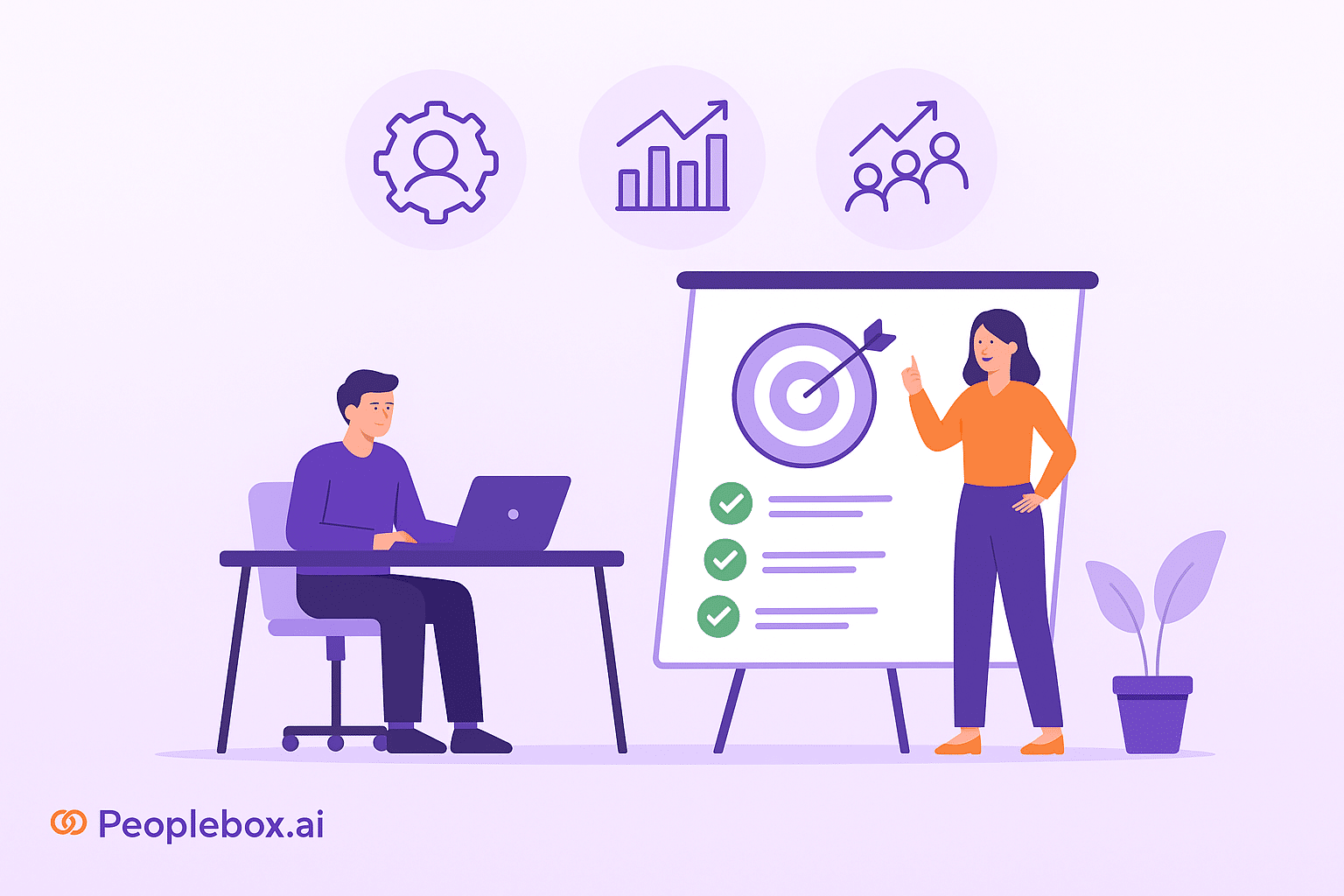 Illustration of employee performance management strategies, showing a man working on a laptop and a woman presenting a target board with checkmarks, with performance icons above and Peoplebox.ai logo below.