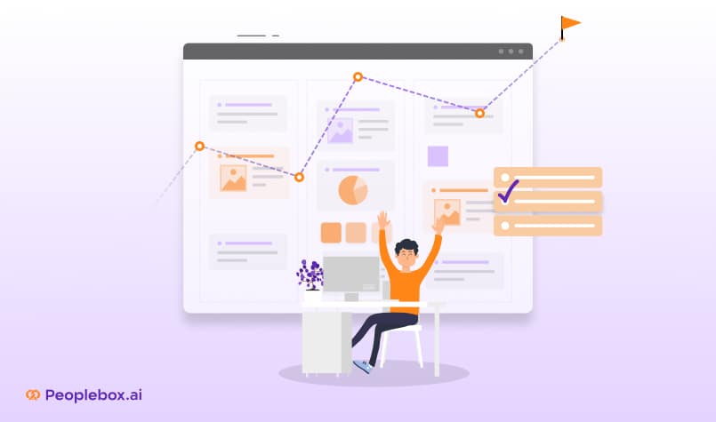 Illustration of a person celebrating goal completion on a performance dashboard, symbolizing success with Peoplebox.ai’s integrated talent management platform.
