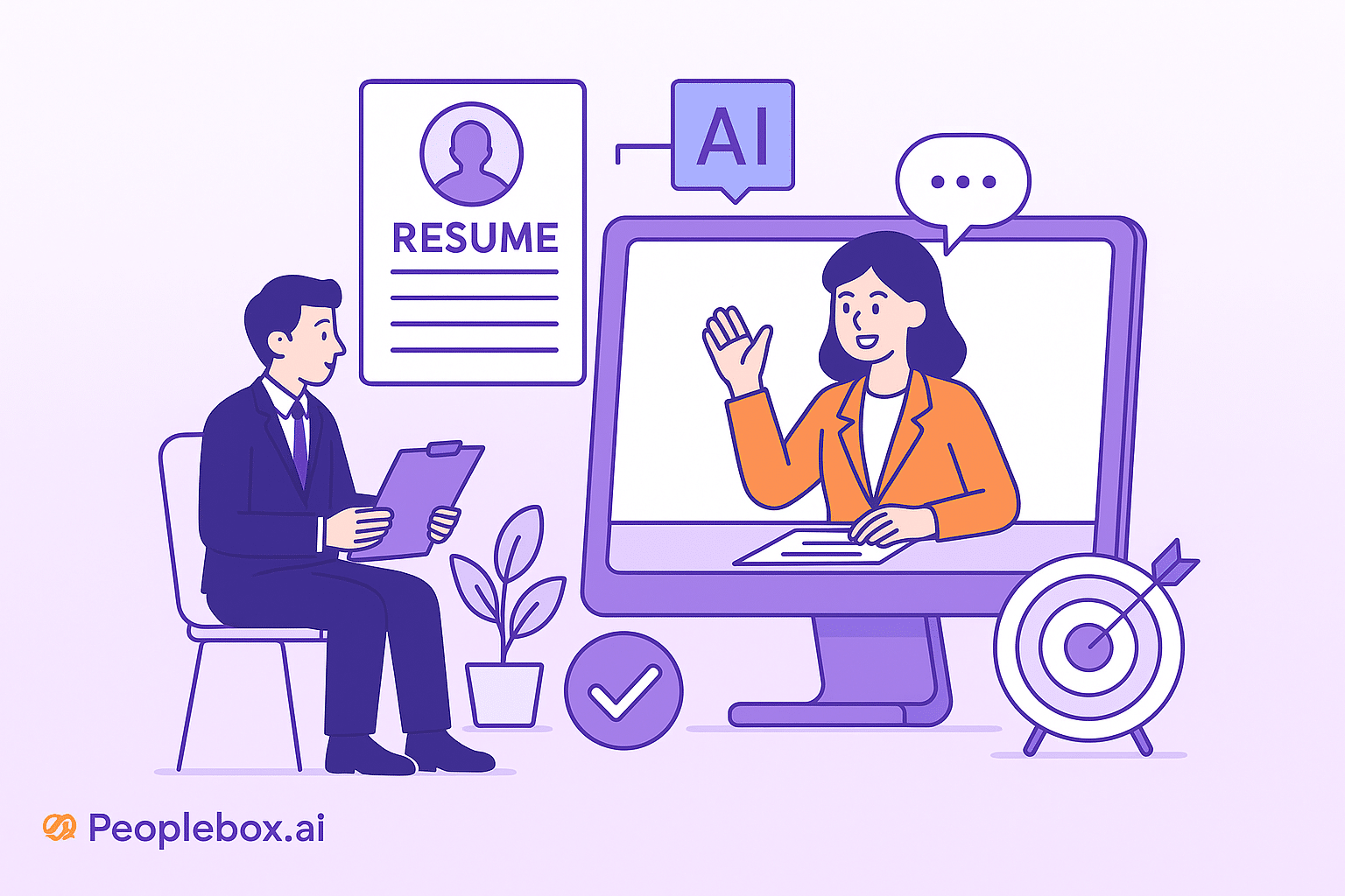 Illustration of a man in a suit holding a clipboard, sitting across from a woman on a computer screen during an AI-powered mock interview, with icons of a resume, AI label, checkmark, and target, set against a purple gradient background with the Peoplebox.ai logo.