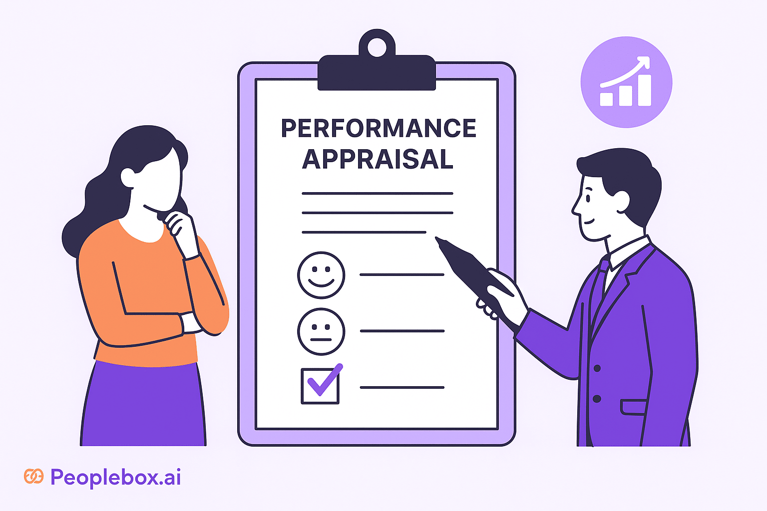 Illustration of a performance appraisal process showing a manager reviewing an employee’s evaluation form with checklist icons, set against a purple background with the Peoplebox.ai logo