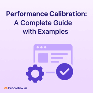 A flat-style digital illustration showing abstract team collaboration and balanced performance scales on a soft purple gradient background with Peoplebox.ai branding, representing fairness and consistency in performance calibration.