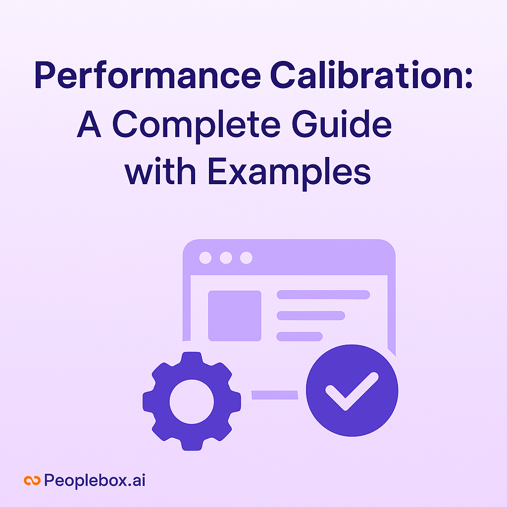 A flat-style digital illustration showing abstract team collaboration and balanced performance scales on a soft purple gradient background with Peoplebox.ai branding, representing fairness and consistency in performance calibration.