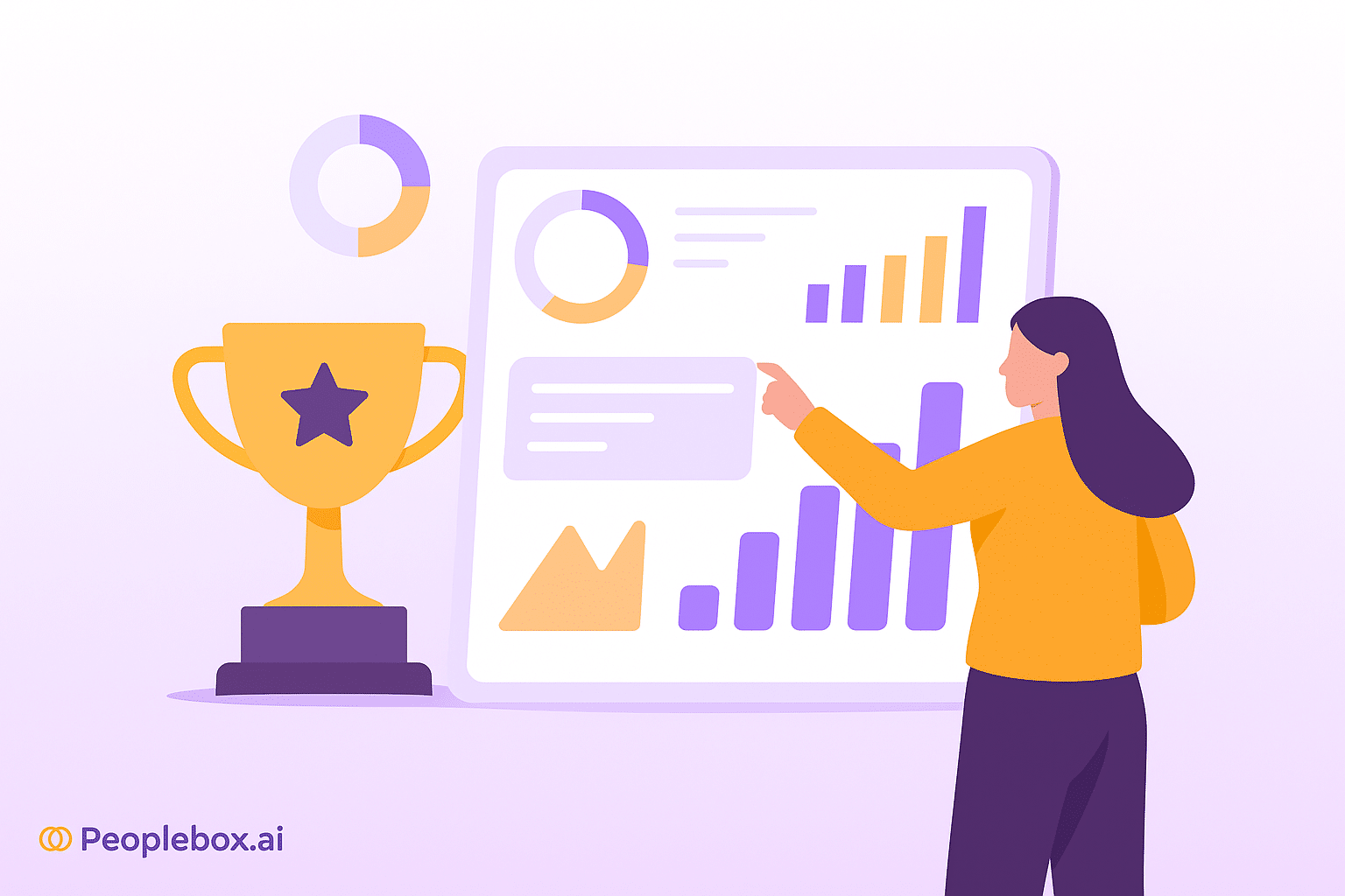llustration of a woman analyzing charts and software dashboards, representing the top 10 performance management software tools in 2025.