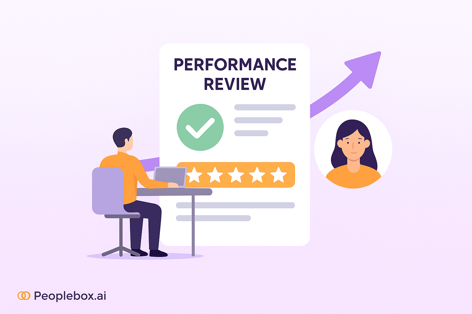 Flat-style digital illustration showing performance management review with charts, graphs, employee evaluation forms, and teamwork visuals on a gradient background, representing Peoplebox.ai’s complete guide to performance reviews.