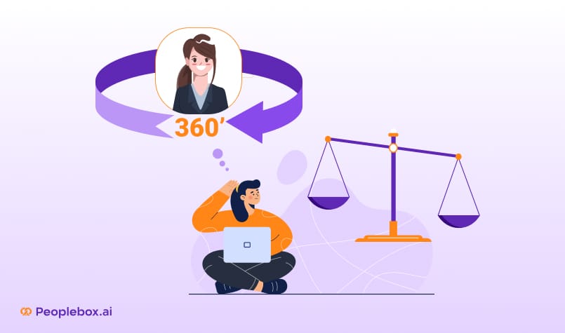 Illustration of a person sitting cross-legged with a laptop, thinking about a 360-degree feedback concept represented by a woman's profile inside a circular arrow, alongside a purple balance scale, with the Peoplebox.ai logo at the bottom left.