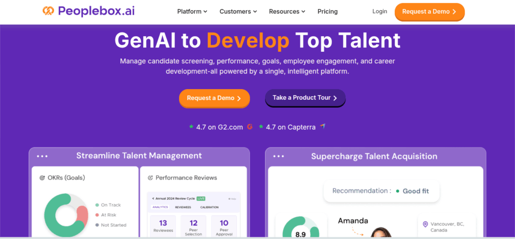 Peoplebox.ai homepage banner showcasing GenAI-powered platform for talent management and acquisition, featuring candidate screening, performance reviews, OKRs, and employee engagement tools.