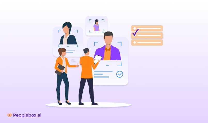 Illustration of two professionals reviewing candidate profiles on a digital interface, symbolizing AI-driven recruitment and talent management.