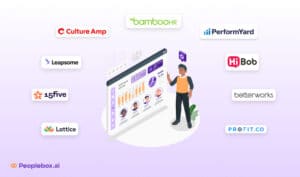 Illustration of a performance management tools dashboard with employee ratings and analytics, surrounded by logos of HR tools like Culture Amp, BambooHR, PerformYard, HiBob, Lattice, 15Five, Leapsome, Betterworks, and Profit.co, with Peoplebox.ai branding.