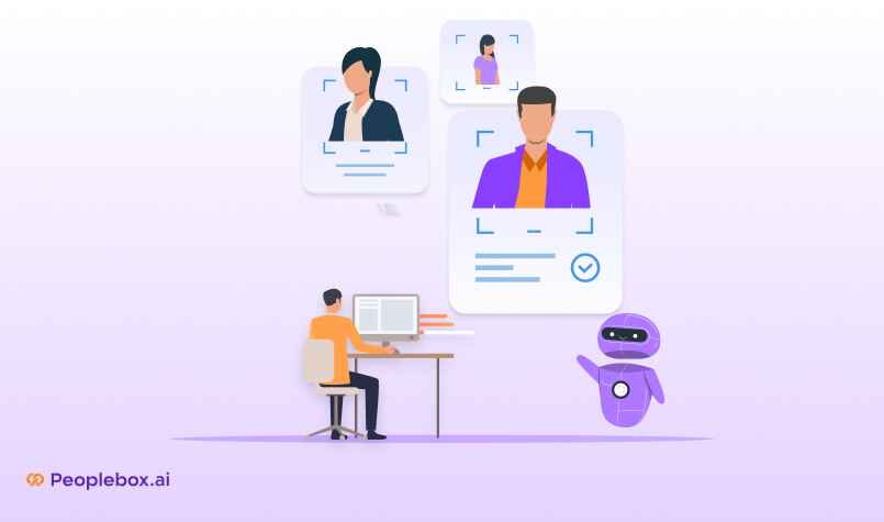 Illustration of AI-powered hiring with a recruiter at a desk reviewing candidate profiles, assisted by a purple robot on a gradient background with Peoplebox.ai logo.