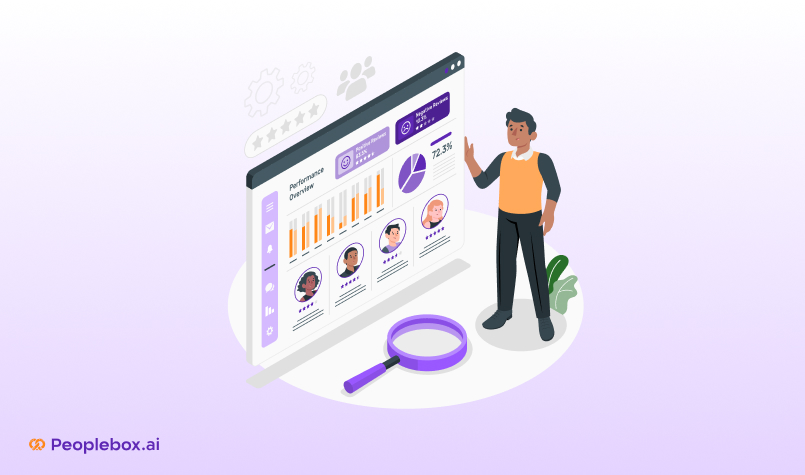 Illustration of an HR software dashboard with employee profiles, performance analytics, and a manager reviewing data – Peoplebox.ai branding.