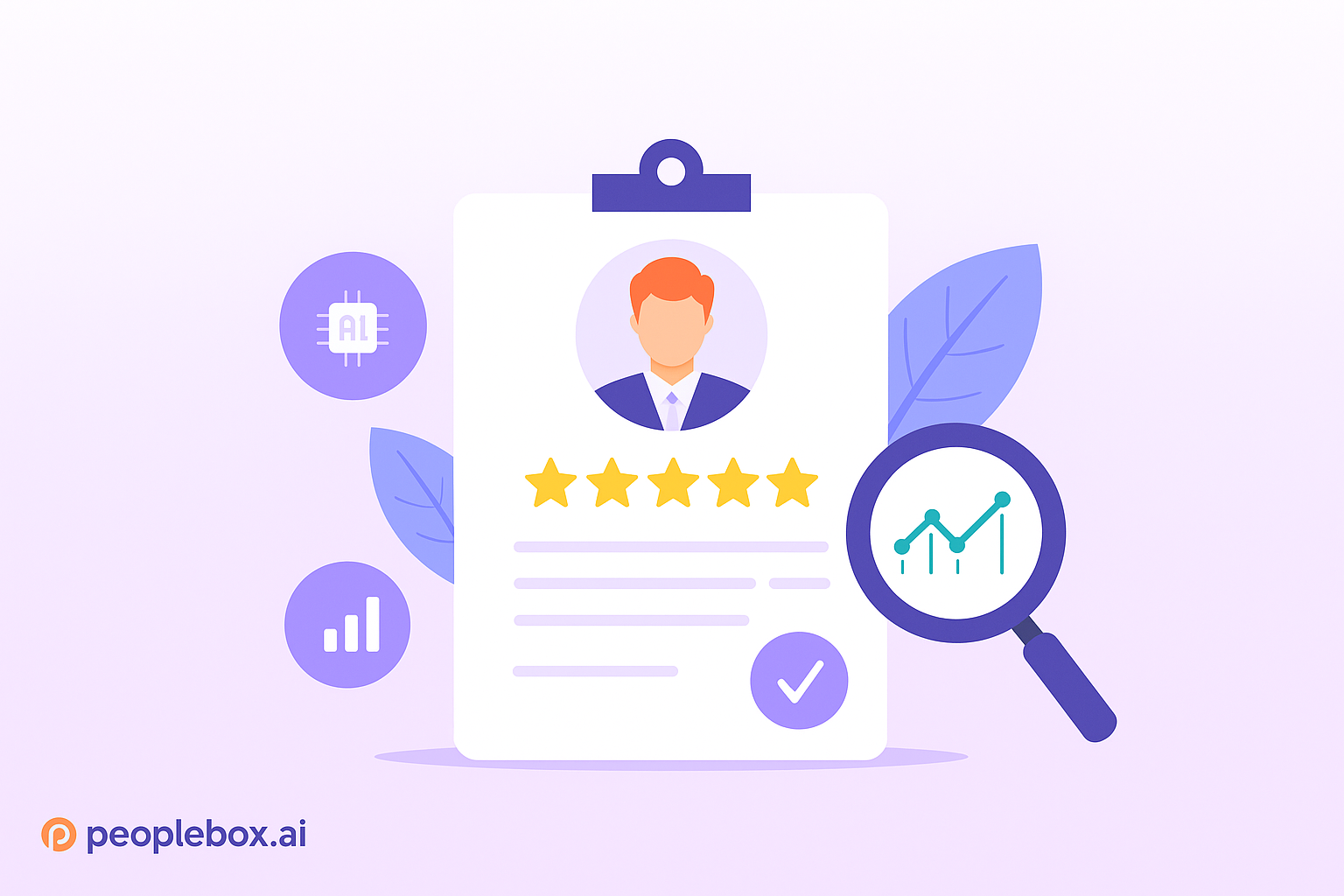 Illustration of candidate evaluation showing profile with five-star rating, AI and analytics icons, magnifying glass with growth chart, branded with Peoplebox.ai logo.
