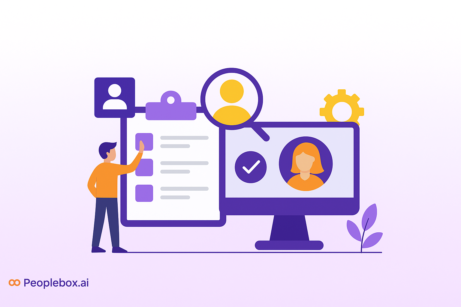 Vector illustration on a purple gradient background showing HR SaaS concepts. A recruiter reviews a checklist beside a computer monitor displaying a candidate profile with approval icons. Includes abstract HR-themed elements like magnifying glass, gear, and user icons, with Peoplebox.ai logo subtly in the corner.