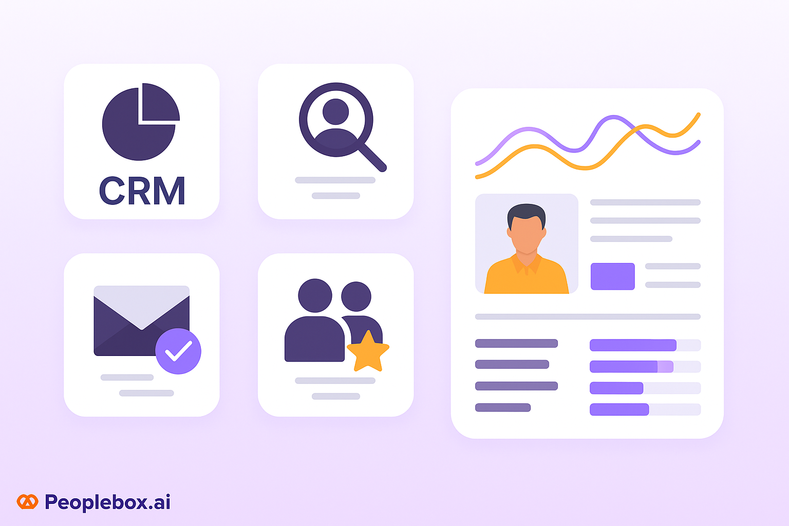 Illustration of recruitment CRM software with recruiters managing candidate profiles, AI automation, and analytics on a purple gradient background with Peoplebox.ai logo.