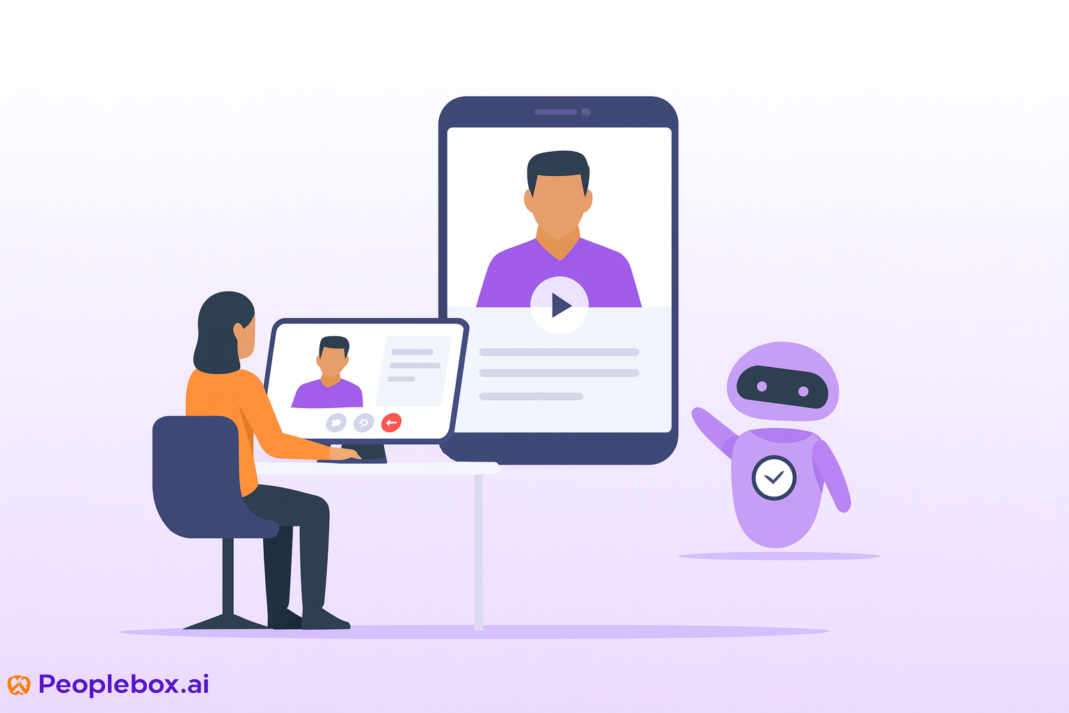 Illustration comparing the best video interview software platforms of 2025, showing recruiters, candidates, and AI-driven video tools on a purple gradient background with Peoplebox.ai branding.