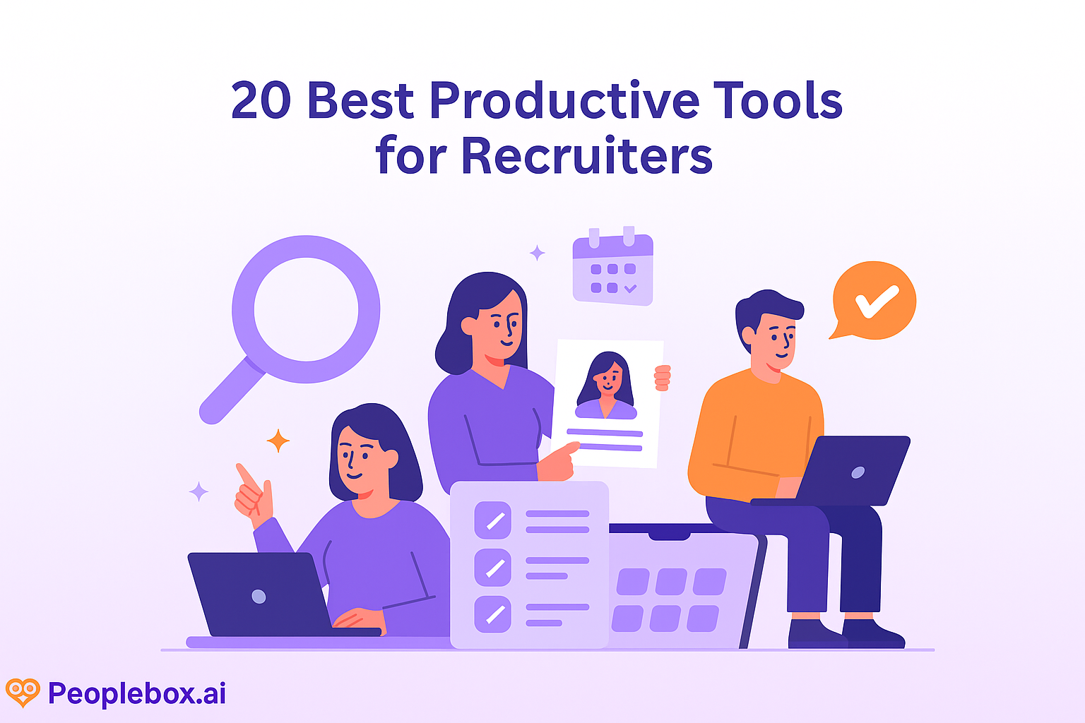 Vector illustration on a gradient background showcasing HR software and productivity tools for recruiters in 2025 with modern icons.