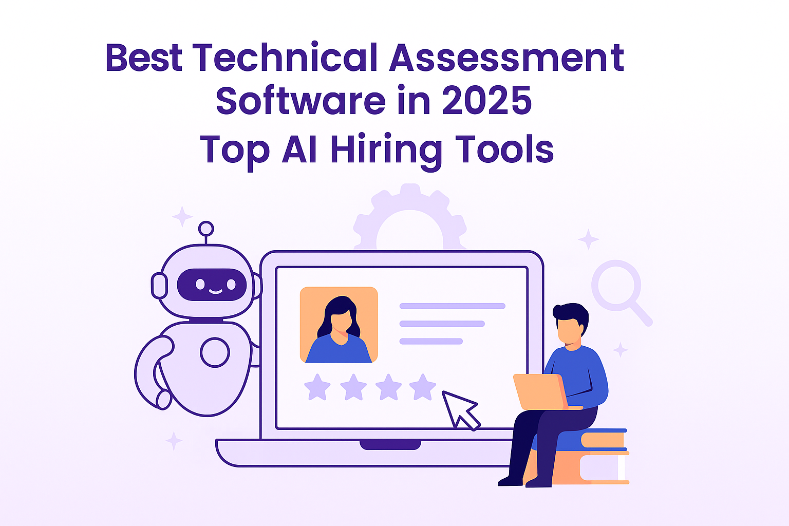 Flat vector illustration showing a laptop screen with a candidate profile and star rating, accompanied by a friendly robot on the left and a person working on a laptop on the right, symbolizing AI-powered hiring tools for technical assessment in 2025.