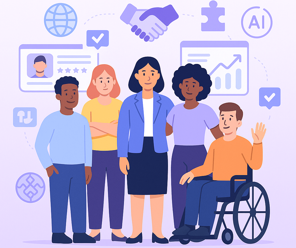 Flat-style digital illustration of a diverse group of candidates, including different genders, ethnicities, and abilities, standing together with AI icons, charts, and inclusion symbols like a globe, handshake, and puzzle pieces, on a gradient background with Peoplebox.ai branding.