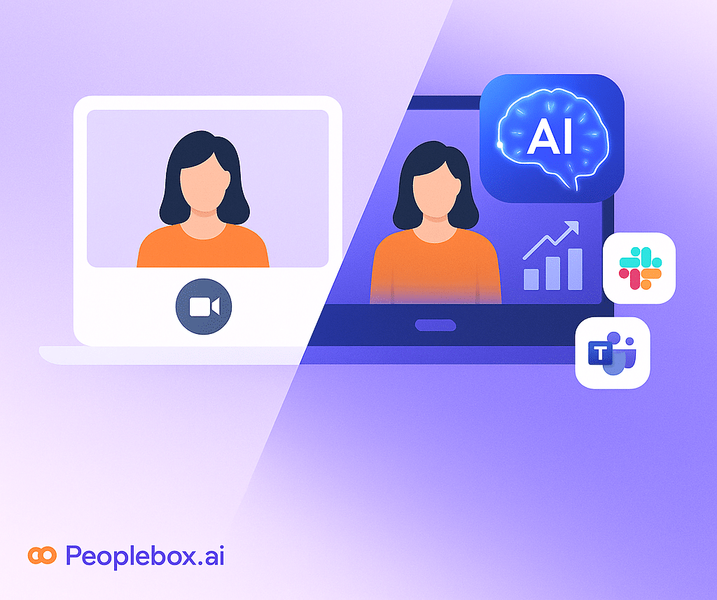 Flat illustration showing a generic video interview tool versus Peoplebox.ai with AI, analytics, and integrations on a purple gradient background.