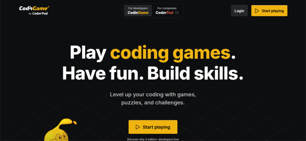 CodinGame homepage with black background and bold text 'Play coding games. Have fun. Build skills.' encouraging developers to practice coding through games and puzzles."
