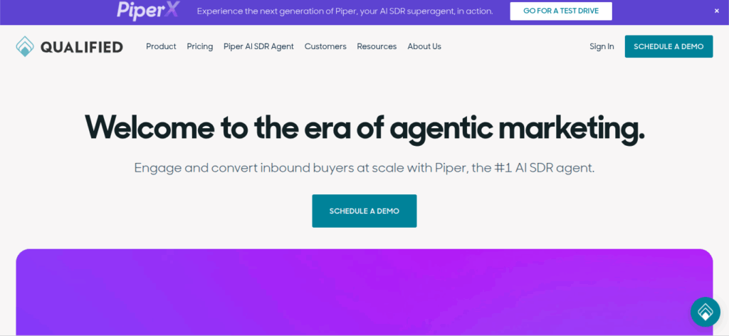 "Qualified homepage featuring Piper AI SDR agent, with bold headline 'Welcome to the era of agentic marketing' and a call-to-action button to schedule a demo."