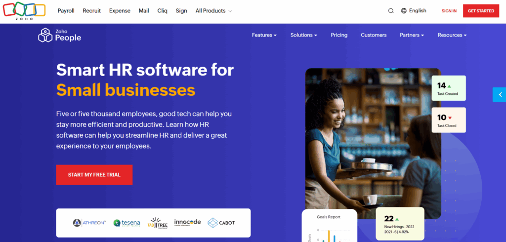 Zoho People HR software website homepage highlighting smart HR solutions for small businesses with features, pricing, and trial option.