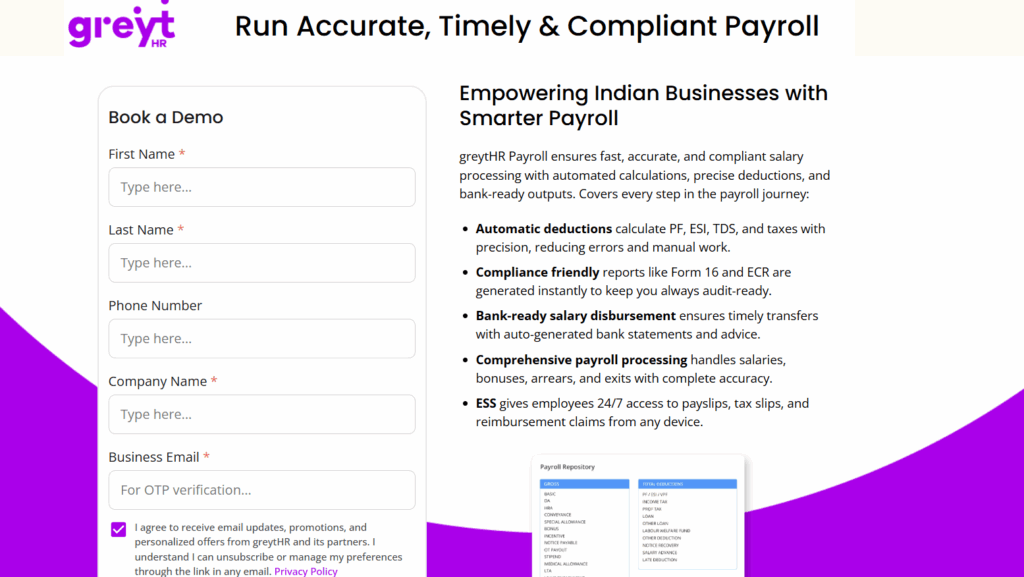 greytHR payroll software page promoting accurate, timely, and compliant payroll for Indian businesses, with features like automated deductions, compliance reports, salary disbursement, and an option to book a demo via a form.