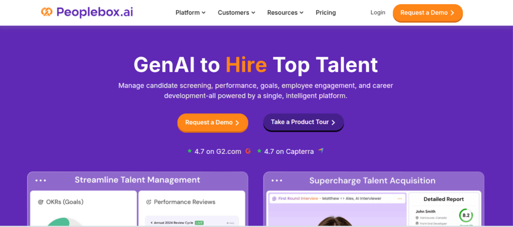Peoplebox.ai homepage banner showcasing GenAI for hiring top talent, with options to request a demo or take a product tour. Highlights features like candidate screening, performance, goals, employee engagement, and career development—all powered by a single intelligent platform.