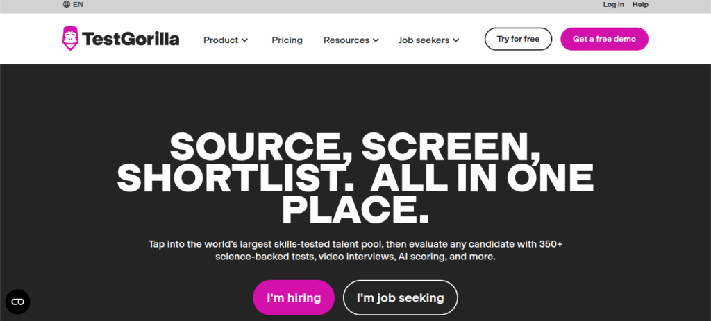 TestGorilla homepage highlighting its all-in-one hiring platform with the headline 'Source, screen, shortlist. All in one place.' and options for hiring or job seeking."