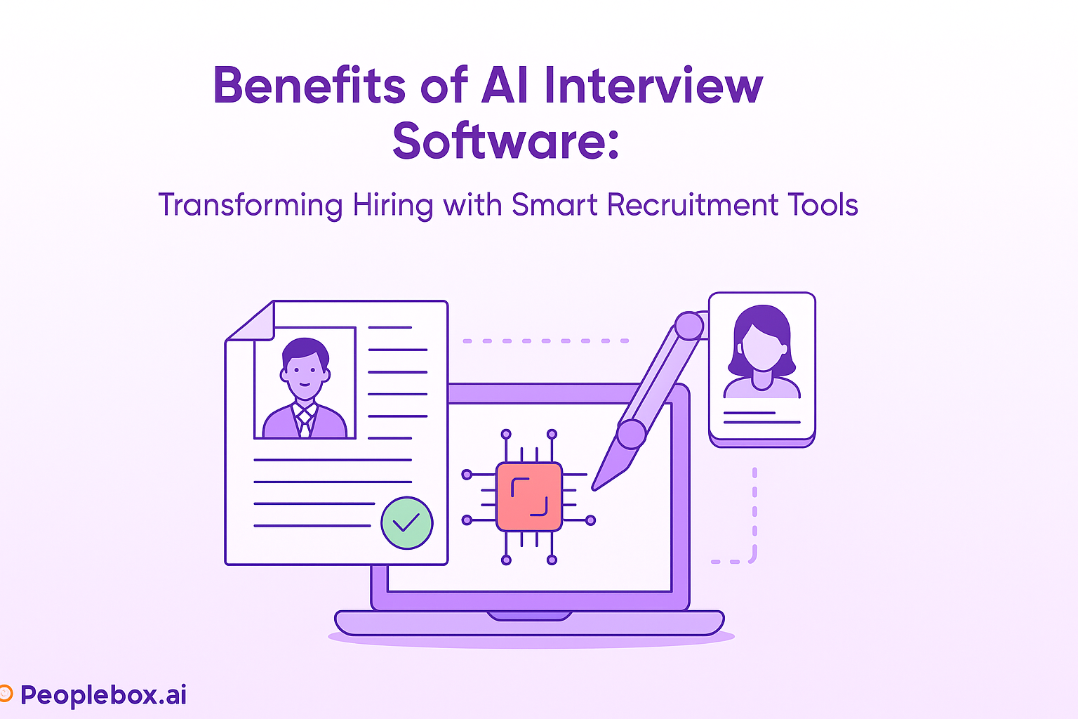 Vector illustration of AI interview software analyzing candidates on a soft purple Peoplebox.ai background.