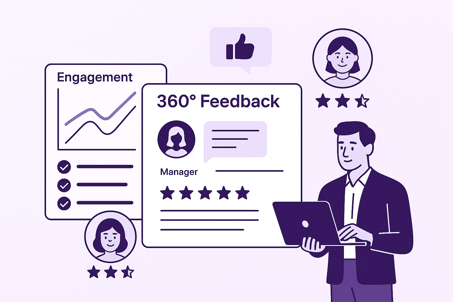 Professional vector illustration of employees collaborating and sharing feedback through digital dashboards and analytics charts on a gradient purple background, representing modern employee feedback software and workplace communication.