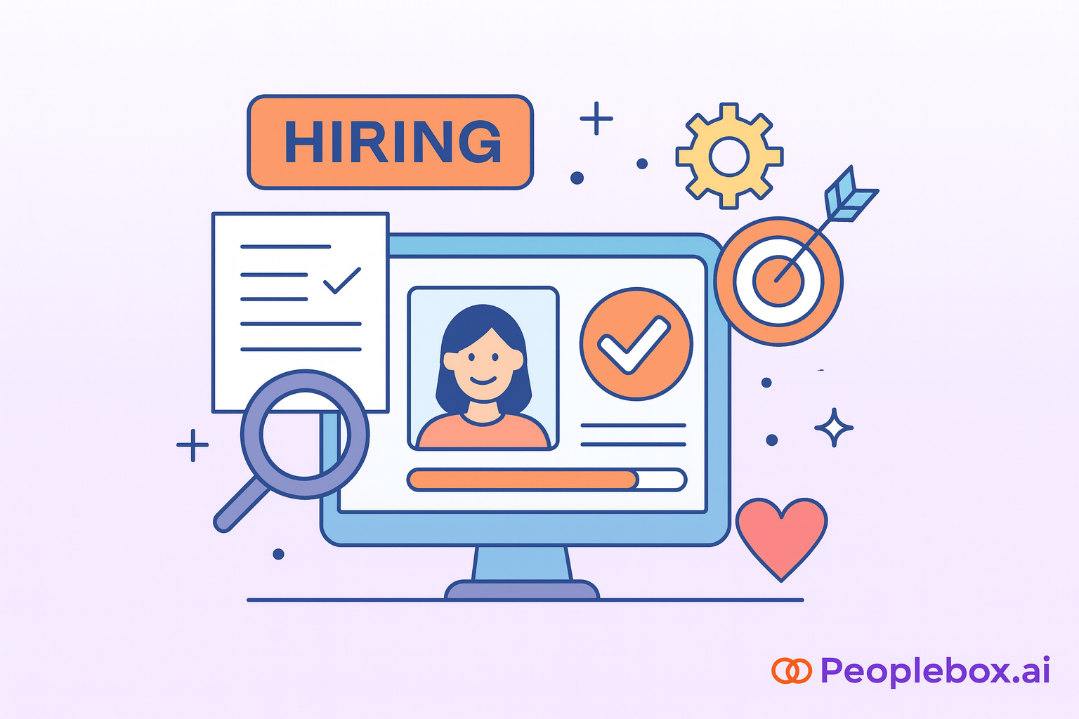 Flat-style digital illustration of an online recruitment process showing a recruiter reviewing candidate profiles on a laptop, depicting step-by-step digital hiring workflow, set against a clean purple gradient background with Peoplebox.ai branding.