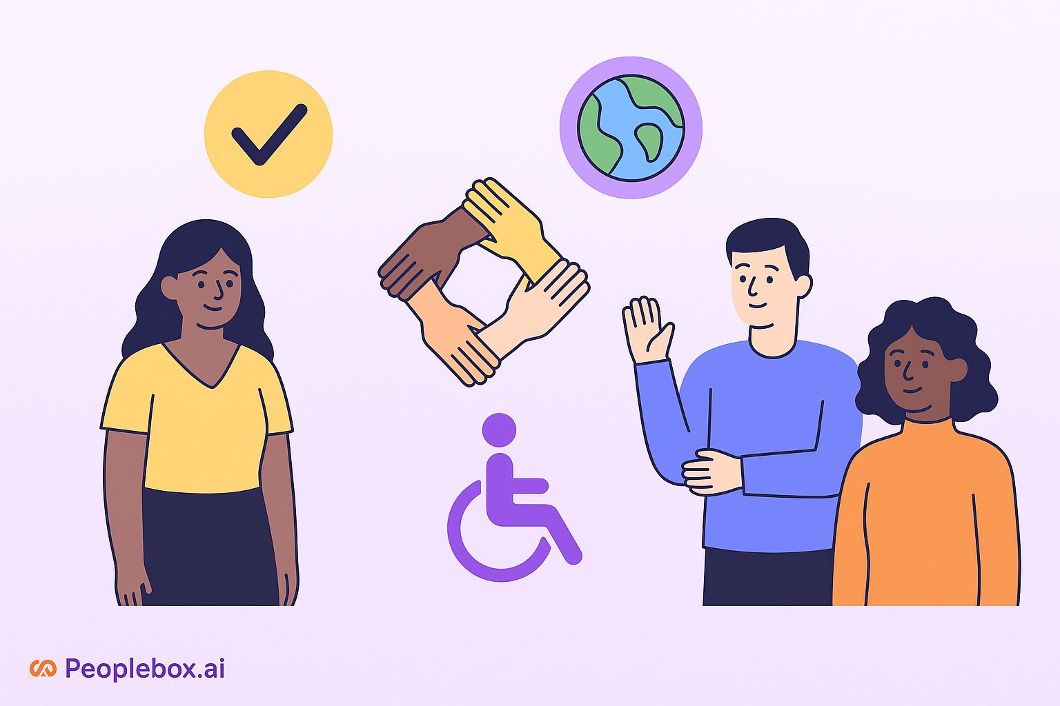 Illustration showing workplace diversity and inclusion. Three diverse people stand together with symbols of unity — interlocked hands, a wheelchair accessibility icon, a globe, and a checkmark — representing inclusive hiring and equal opportunity.