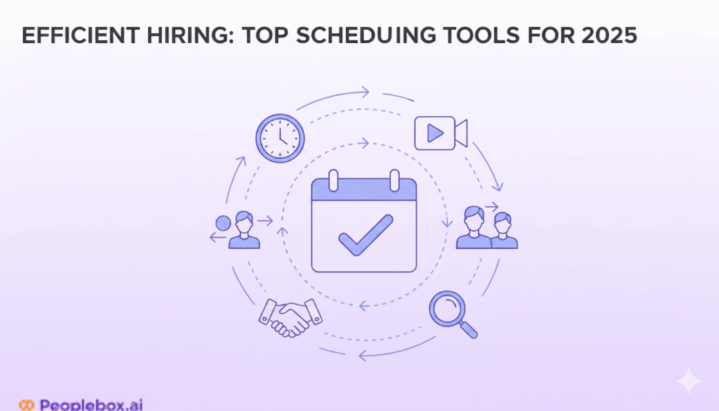 Illustrated image depicting automated interview scheduling with a central calendar, surrounded by icons for communication, efficiency, and hiring process.