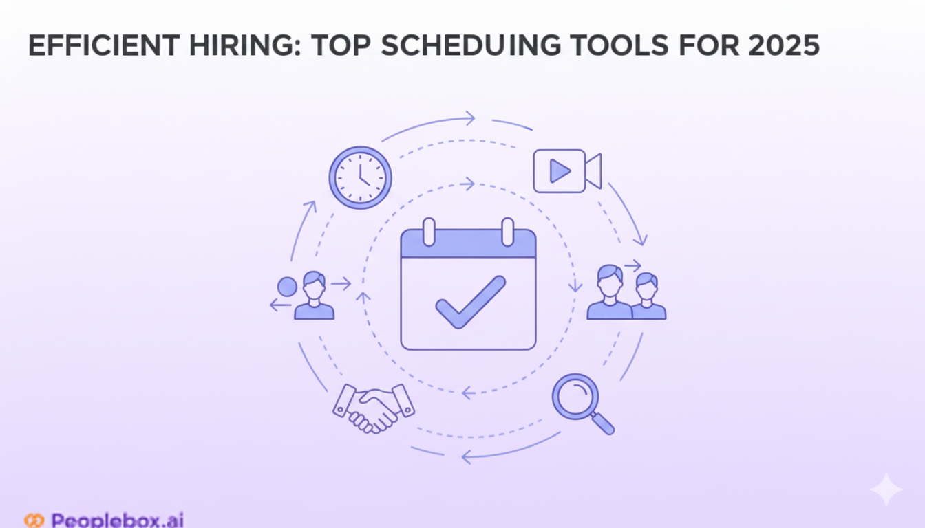 Illustrated image depicting automated interview scheduling with a central calendar, surrounded by icons for communication, efficiency, and hiring process.