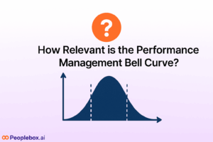 A modern 2D digital illustration showing a bell curve graph with people or icons positioned along the curve, symbolizing performance distribution in organizations, set on a clean gradient background with Peoplebox.ai branding.