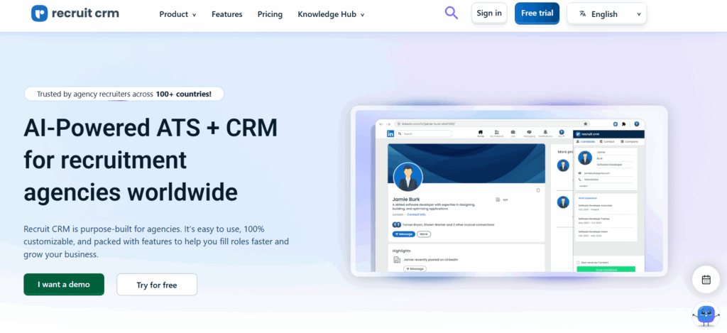 Recruit CRM homepage showing an AI-powered ATS and CRM dashboard for recruitment agencies, featuring navigation options for candidates, jobs, and companies on a light blue background.