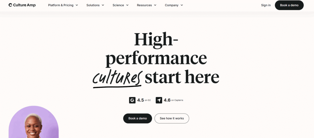 Culture Amp homepage showing the slogan ‘High-performance cultures start here’ with demo and rating buttons for its employee engagement platform.