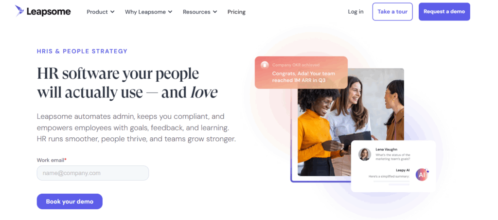 Leapsome HR software homepage showing demo request form and visuals of employees collaborating with OKR and AI feedback notifications.