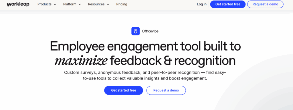 Workleap Officevibe homepage showcasing employee engagement platform for feedback, surveys, and recognition with demo options