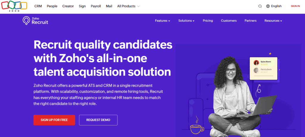 Zoho Recruit homepage promoting its all-in-one talent acquisition software with a woman using a laptop and interface elements showing candidate profiles on a purple background.