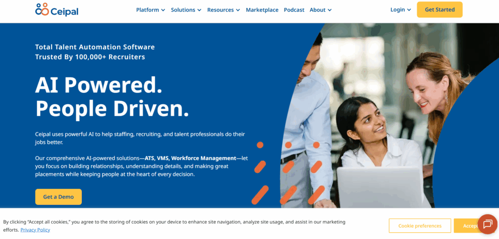 Ceipal homepage banner highlighting its AI-powered staffing and recruitment platform with the tagline ‘AI Powered. People Driven.’ featuring professionals collaborating in an office setting.