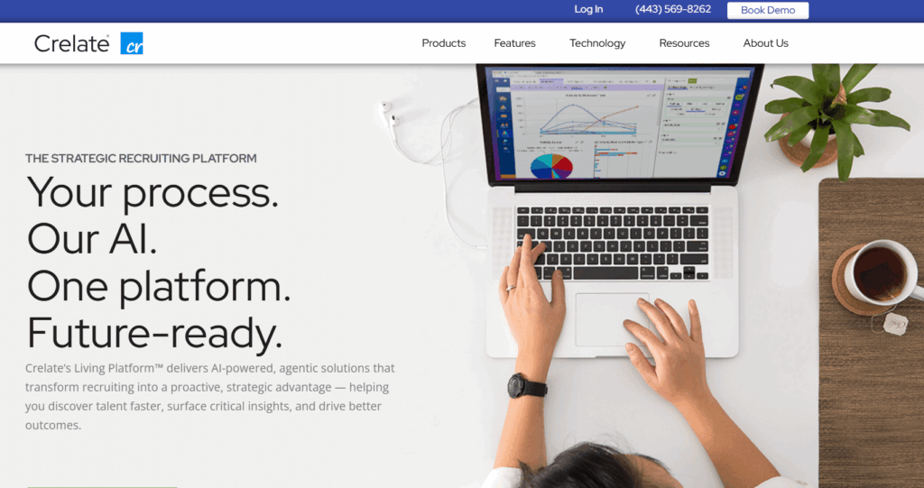 Crelate homepage showcasing a recruiter working on a laptop with analytics and charts on the screen, symbolizing AI-powered recruiting automation and performance insights.