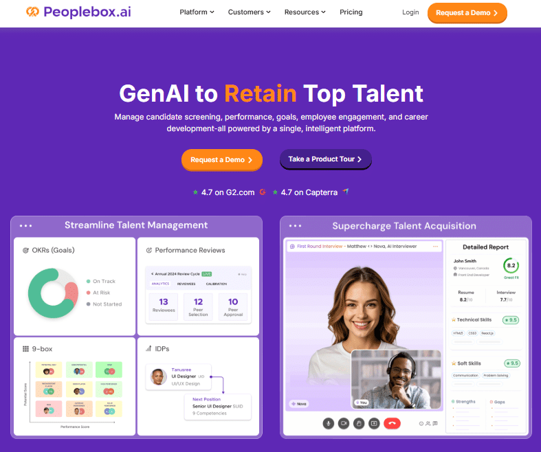 Peoplebox.ai GenAI platform for retaining top talent – manage candidate screening, OKRs, performance reviews, and employee engagement with AI-powered dashboards.