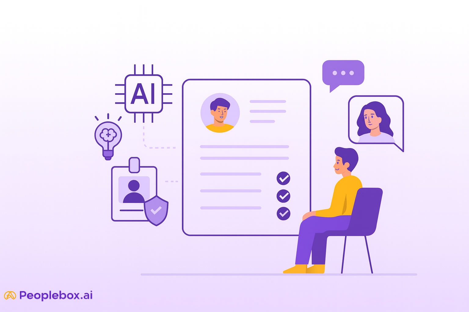 Illustration showing AI-powered candidate screening — a recruiter reviewing a digital resume with AI integration icons like a microchip, ID badge, and idea bulb. A candidate sits across, while a virtual interviewer appears in a chat bubble. The scene uses Peoplebox.ai’s purple and yellow theme, symbolizing smart, tech-driven hiring automation.