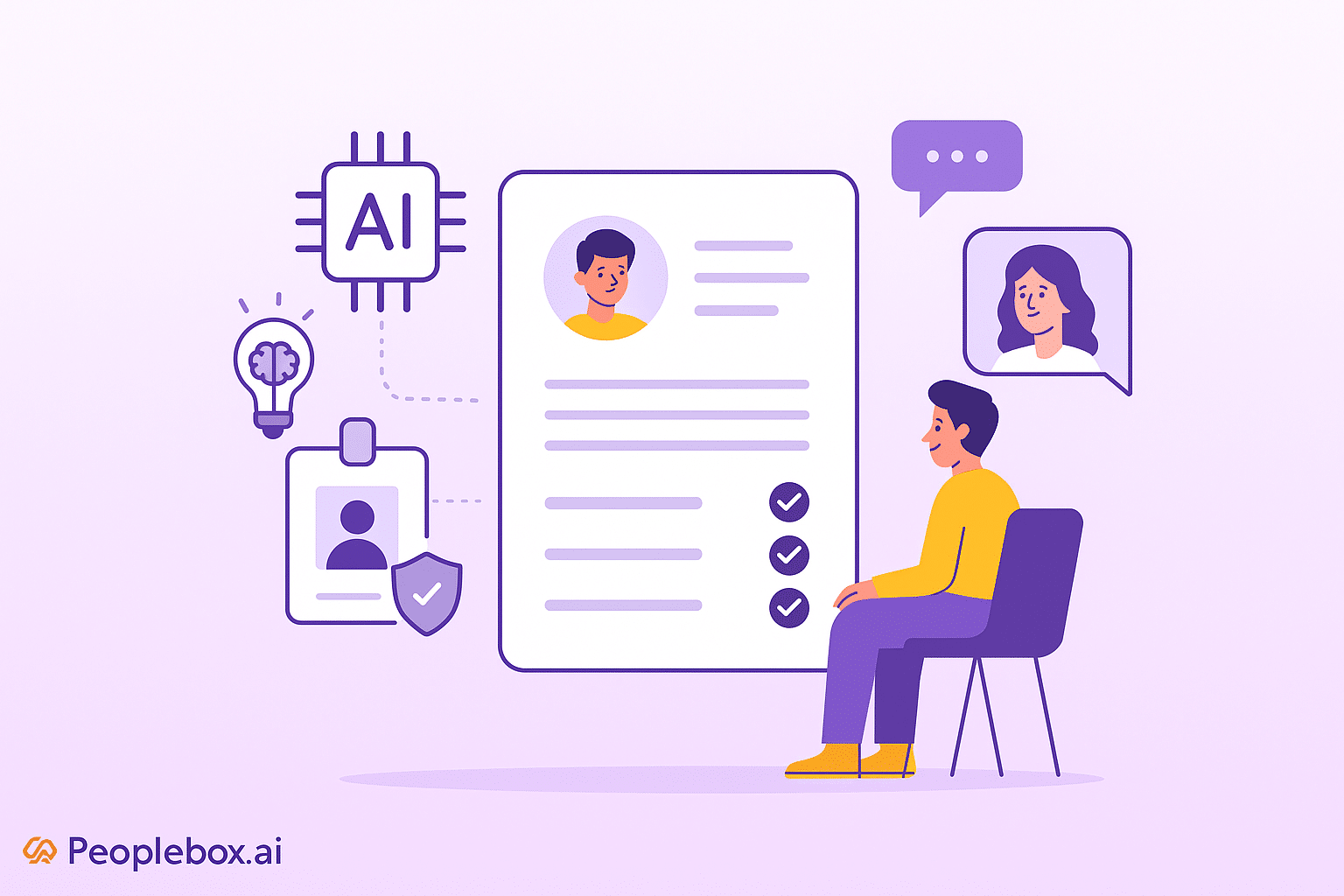 An illustration showing the concept of AI-powered pre employment screening. A candidate sits in front of a large digital profile interface while AI icons, a resume card with verification checks, and chat bubbles represent automated background verification, candidate evaluation, and smart interview analysis powered by artificial intelligence.