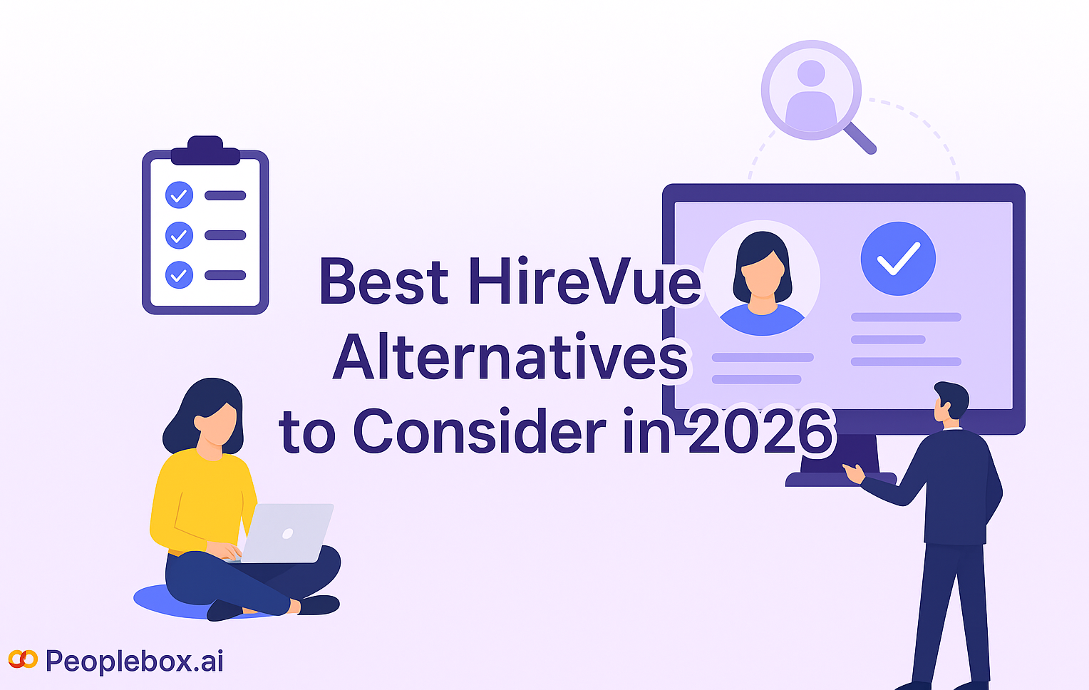 Featured image with a soft purple gradient background showing vector icons of resumes, checklists, calendar, people avatars, and a dollar symbol, with the title ‘Best HireVue Alternatives to Consider in 2026