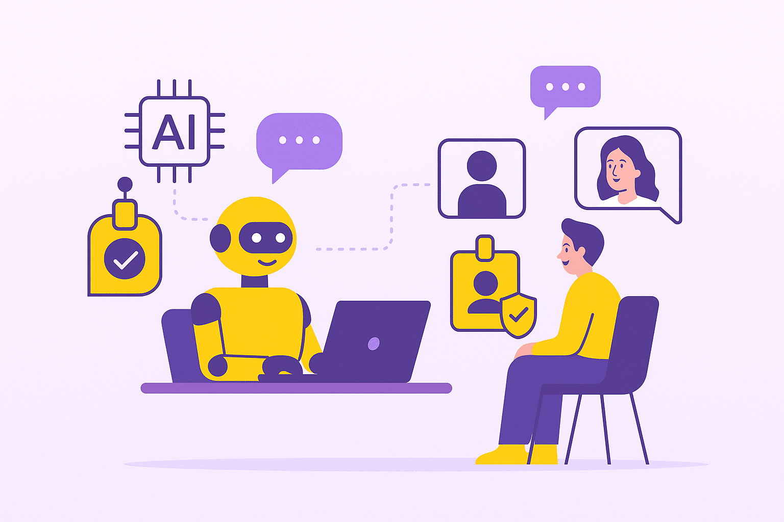 Flat-style digital illustration showing a recruiter using AI for interviews in 2026 — featuring a laptop, candidate profiles, AI icons, and analytics visuals on a lavender gradient background inspired by Peoplebox.ai branding.