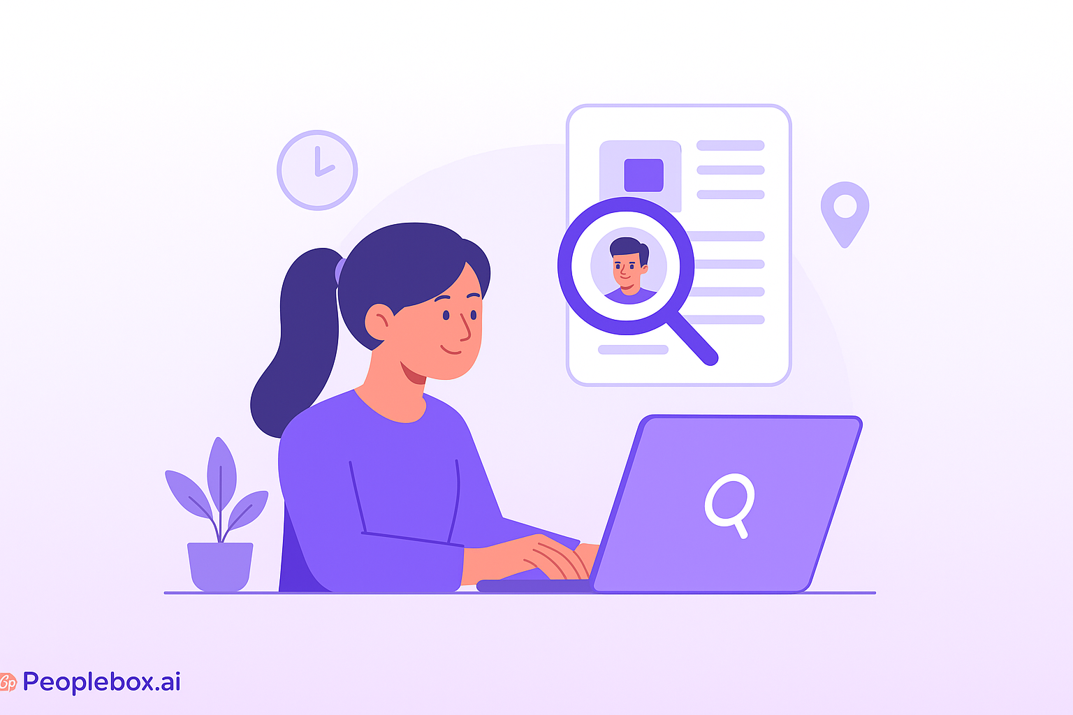 A clean, modern vector illustration featuring recruiters searching resumes online — digital CVs and profile cards appear on large screens surrounded by subtle AI and network graphics, symbolizing online recruitment and resume discovery. The background has a soft purple gradient in Peoplebox.ai’s brand style. No text is displayed