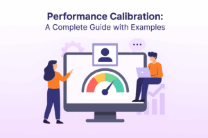 Flat-style digital illustration showing two people analyzing performance metrics on a large computer screen with a colorful gauge, symbolizing performance calibration. The background has a soft purple-to-white gradient with vector icons like gears and charts, representing teamwork, analytics, and employee evaluation.